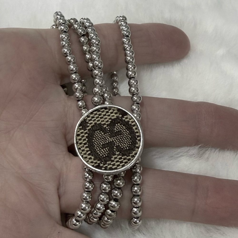 Gucci Silver Bead Bracelet with Brown Monogram Medallion